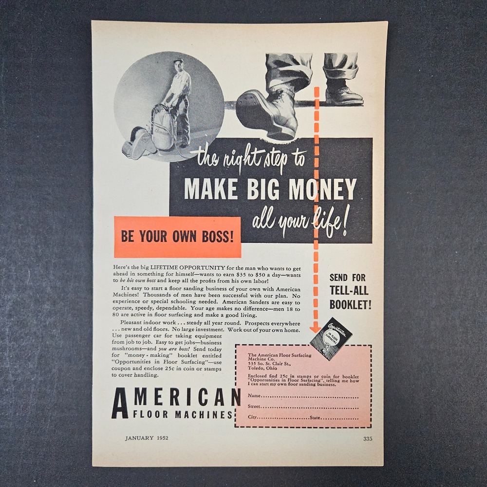 1952 American Floor‎ Surfacing Machines Vintage Print Ad Toledo OH Be Own Boss